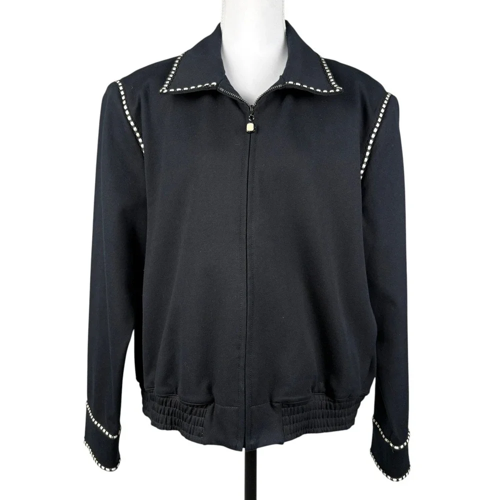 St John Sport Full ZIp Jacket Womens L Black Cotton Blend Vintage‎ Y2K USA